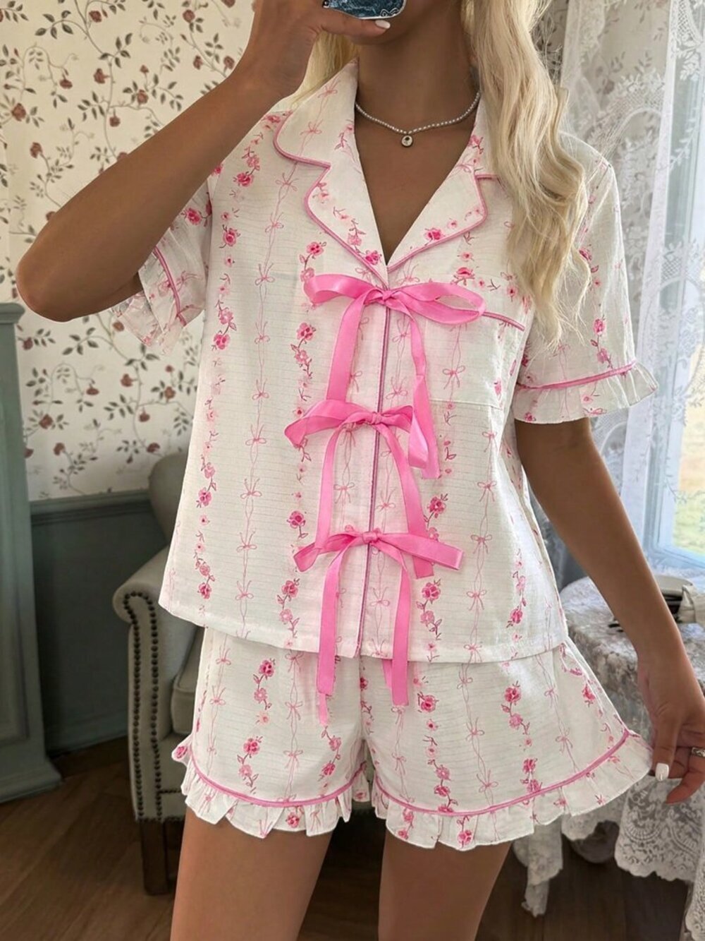 Multicolor Romantic Floral Print Women's Bow Tie French Drawstring Pajama Set